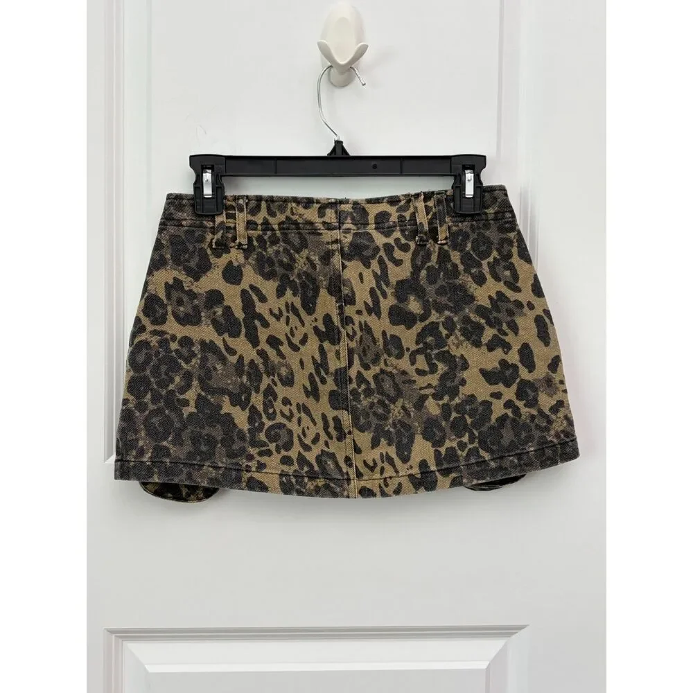 New Y2K Leopard Print Denim Micro Mini Skirt XS Cargo Utility Brown Indie Sleaze